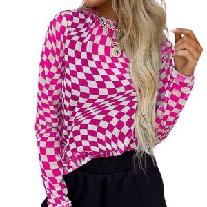 Vibrant Pink Checkered Long Sleeve Top